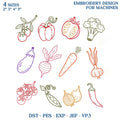Vegetable Line Art Embroidery Design Bundle, Garden Veggie Machine Embroidery File, Tomato Carrot Garlic Kitchen Towel Icons