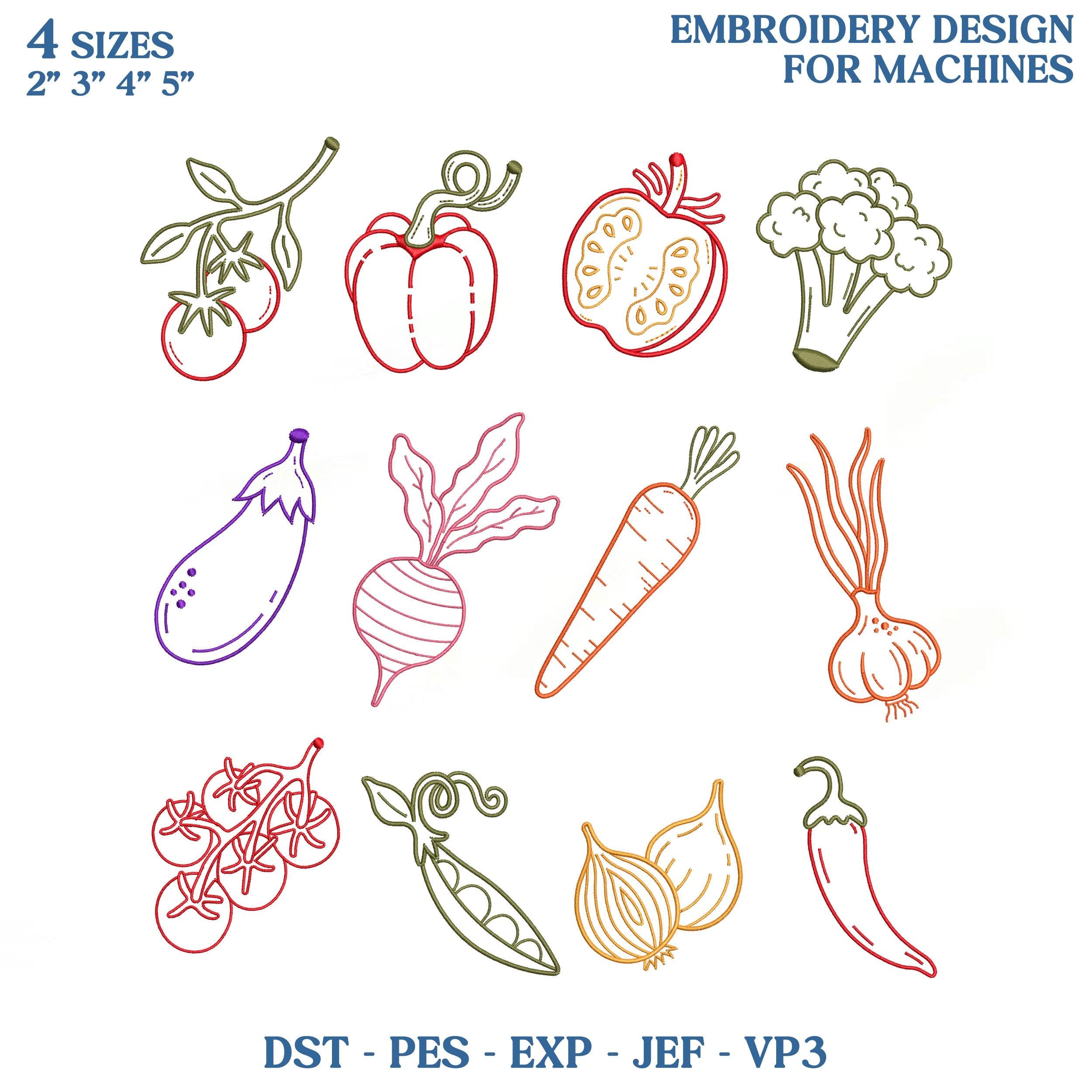 Vegetable Line Art Embroidery Design Bundle, Garden Veggie Machine Embroidery File, Tomato Carrot Garlic Kitchen Towel Icons
