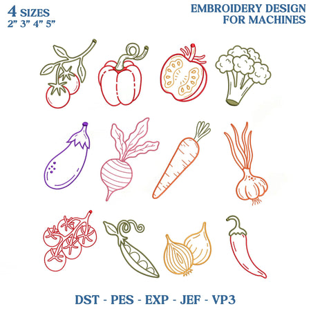 Vegetable Line Art Embroidery Design Bundle, Garden Veggie Machine Embroidery File, Tomato Carrot Garlic Kitchen Towel Icons