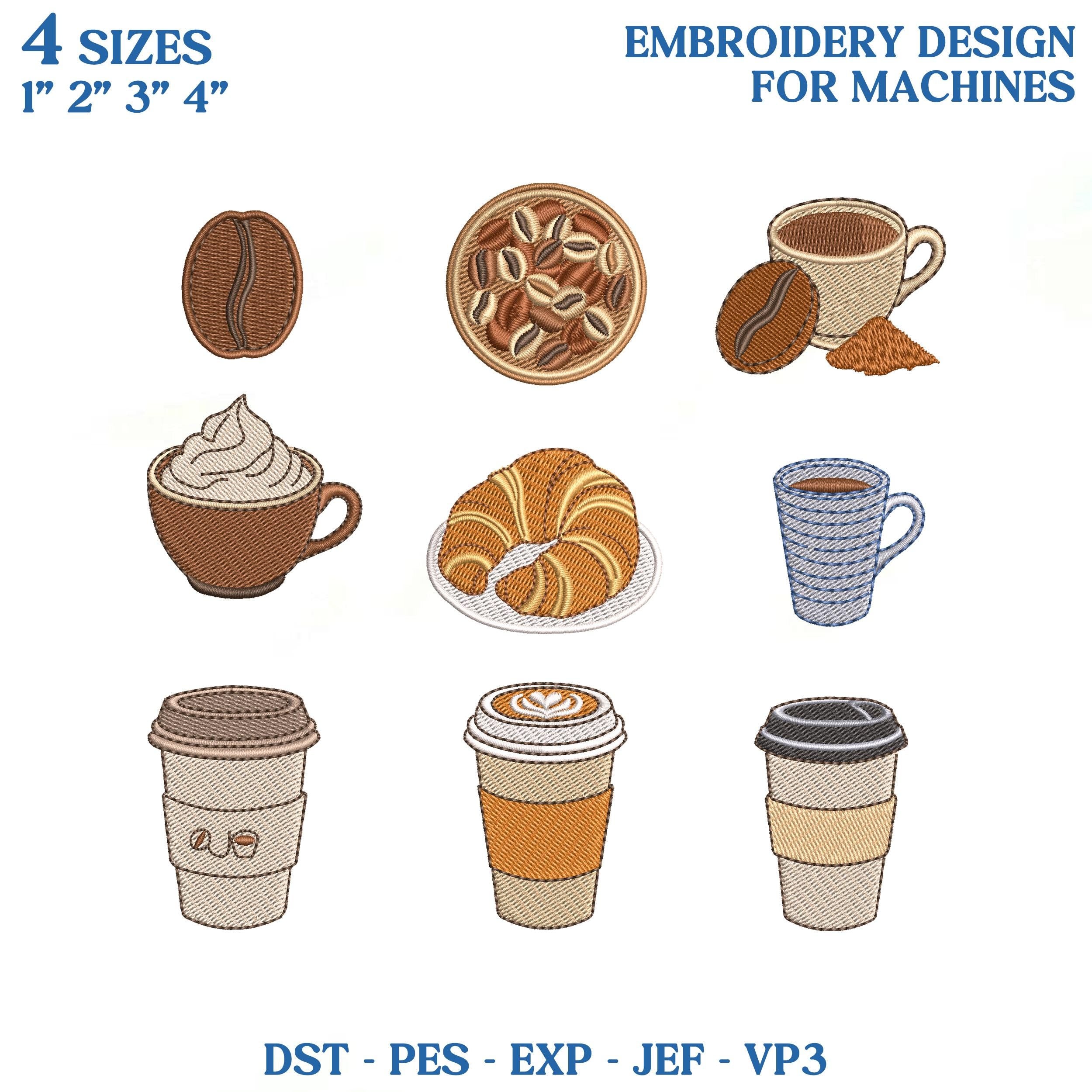 Coffee Mini Embroidery Design Bundle, Morning Coffee Embroidery File, Latte Espresso Croissant Embroidery Machine File, Instant Download