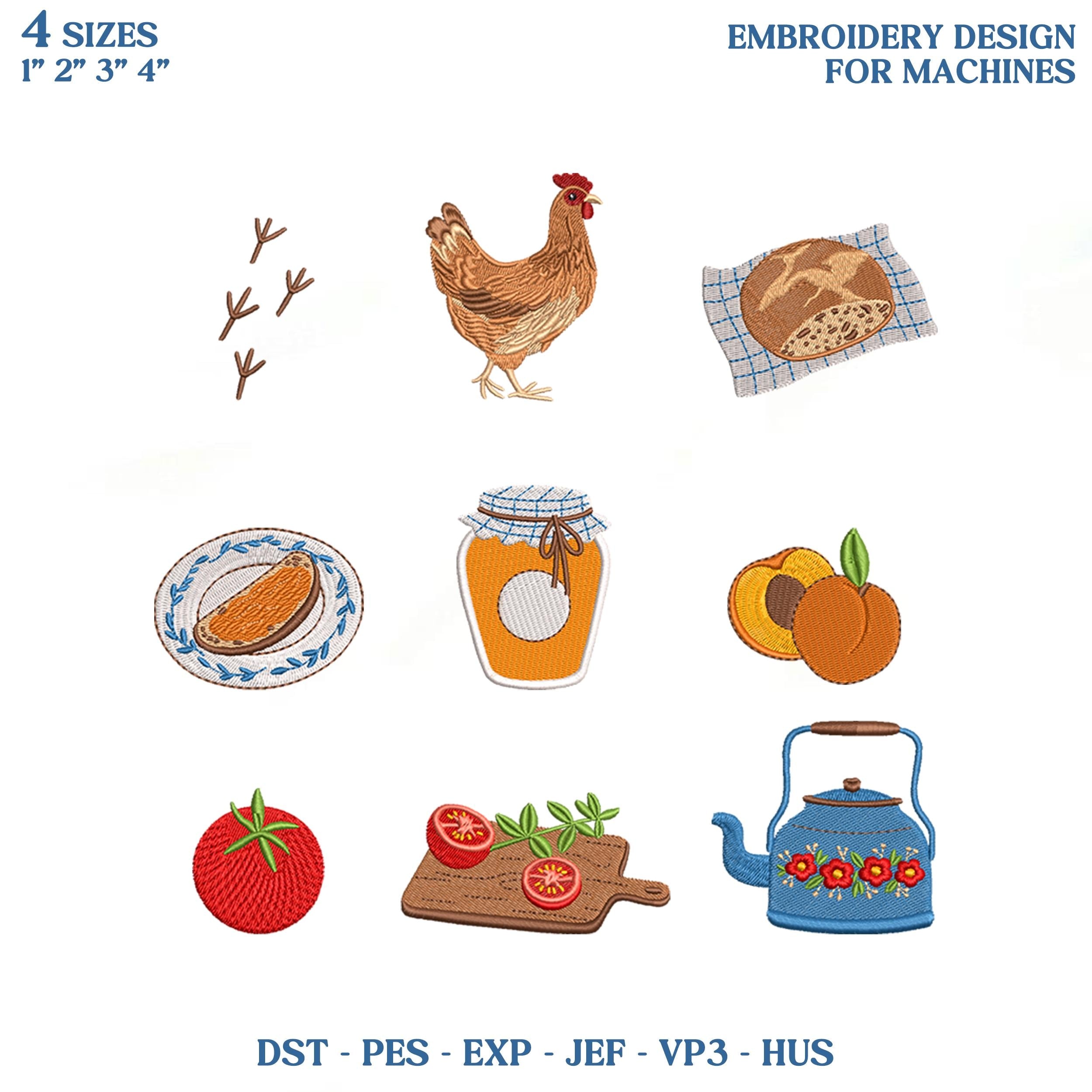 Farmhouse Kitchen Embroidery Design Bundle, Cottage Chicken Bread Jam Embroidery File, Rustic Food Machine Embroidery, Instant Download